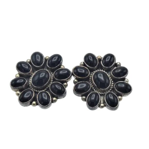 Vintage Louis Montoya Sterling & Onyx Earrings Rope & Dot Floral Design